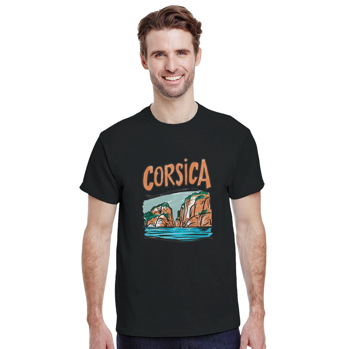 Corsica Unisex Travel T-Shirt featuring a man perfect for travelers and gift seekers