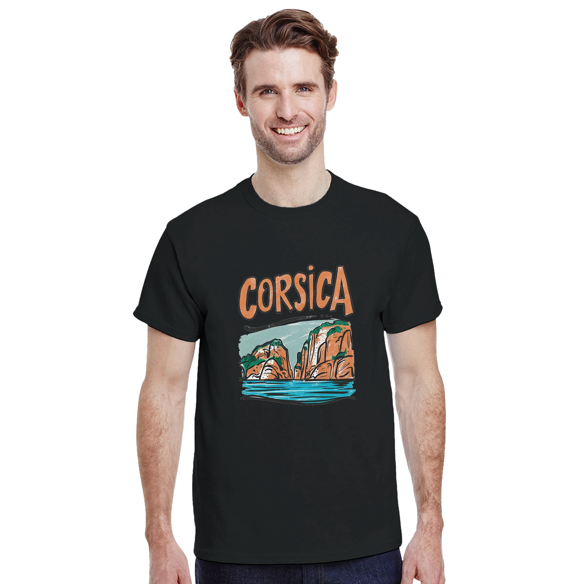 Corsica Unisex Travel T-Shirt featuring a man perfect for travelers and gift seekers