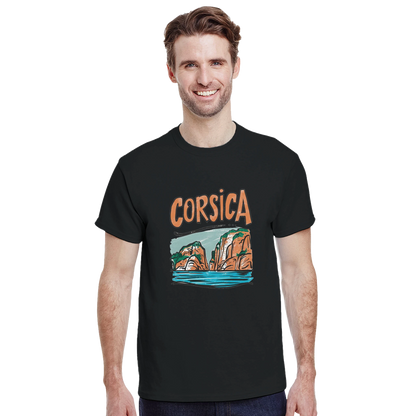 Corsica Unisex Travel T-Shirt featuring a man perfect for travelers and gift seekers