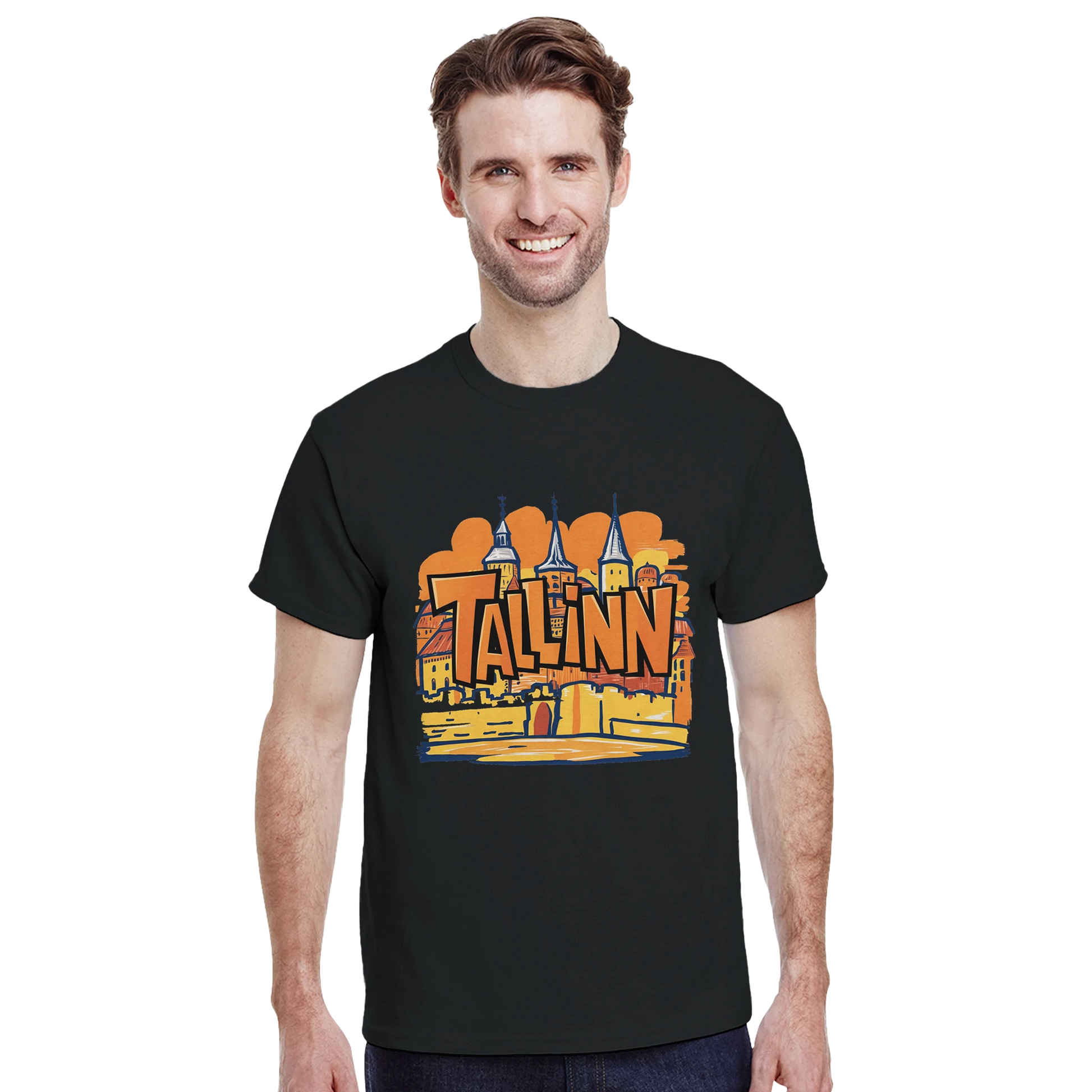 Tallinn Estonia Unisex Travel T-Shirt featuring a man from the front perfect for travelers and gift seekers