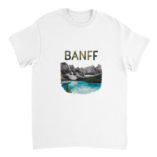 white Banff Canada Unisex Travel T-Shirt perfect for travelers and gift seekers