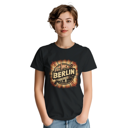 Berlin Germany Unisex Travel T-Shirt on wooden background with world map, passport, and boarding pass
