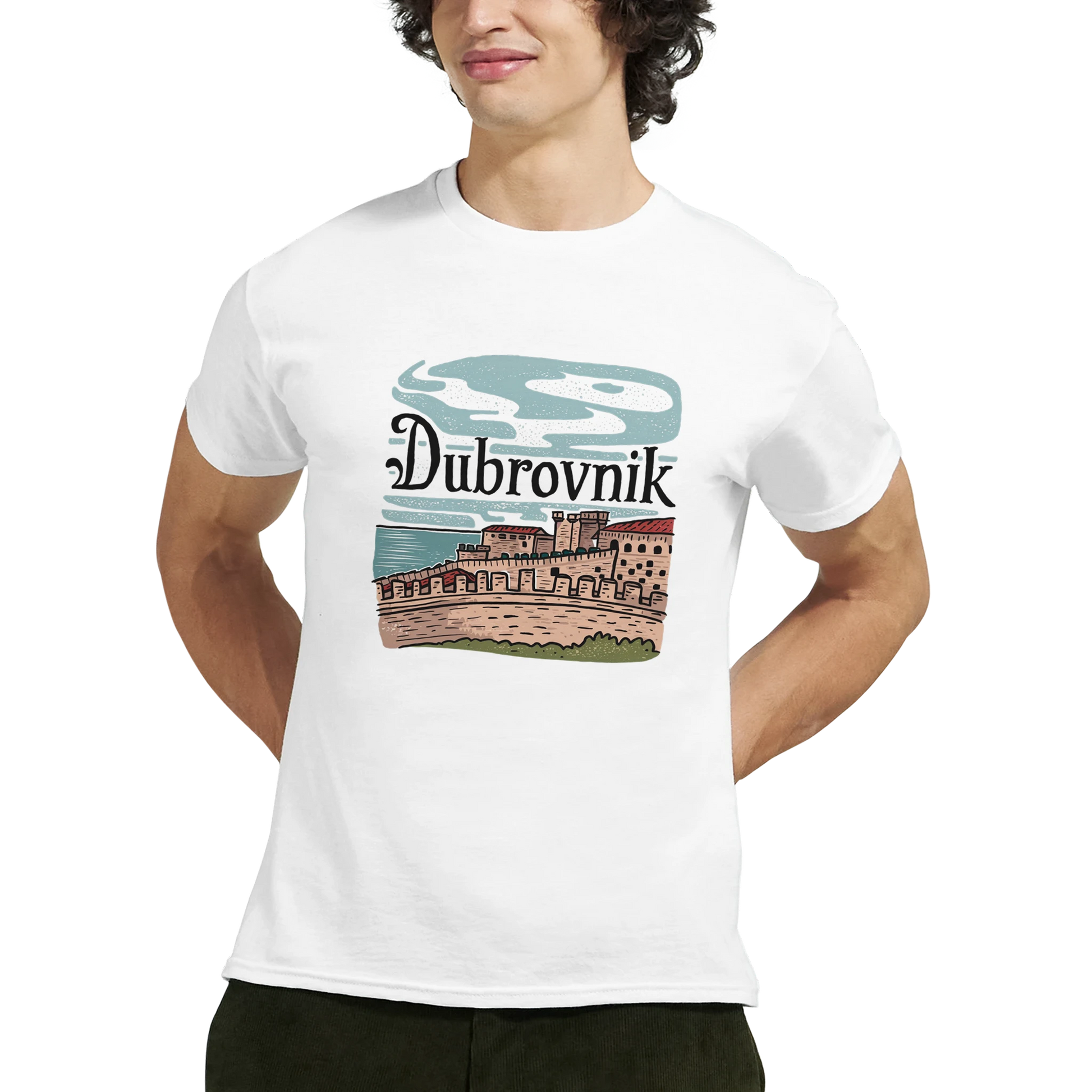 Dubrovnik Croatia Unisex Travel T-Shirt featuring a man from the front perfect for travelers and gift seekers