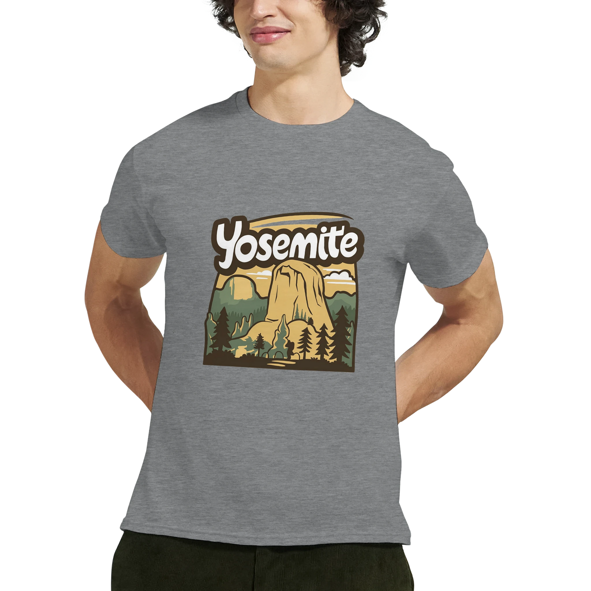 Yosemite USA Unisex Travel T-Shirt featuring a man perfect for travelers and gift seekers
