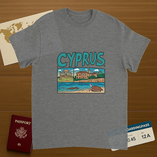 sport grey Cyprus Unisex Travel T-Shirt on wooden background with world map, passport, and boarding pass