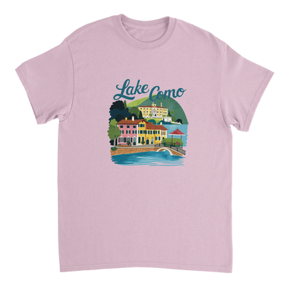light pink Lake Como Italy Unisex Travel T-Shirt perfect for travelers and gift seekers