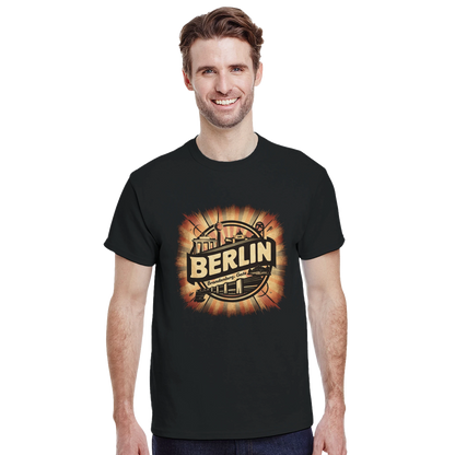 Berlin Germany Unisex Travel T-Shirt on wooden background with world map, passport, and boarding pass