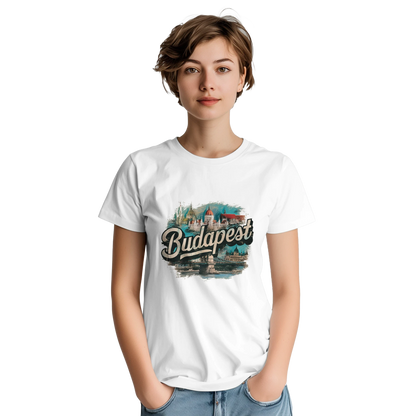 Budapest Hungary Unisex Travel T-Shirt on wooden background with world map, passport, and boarding pass
