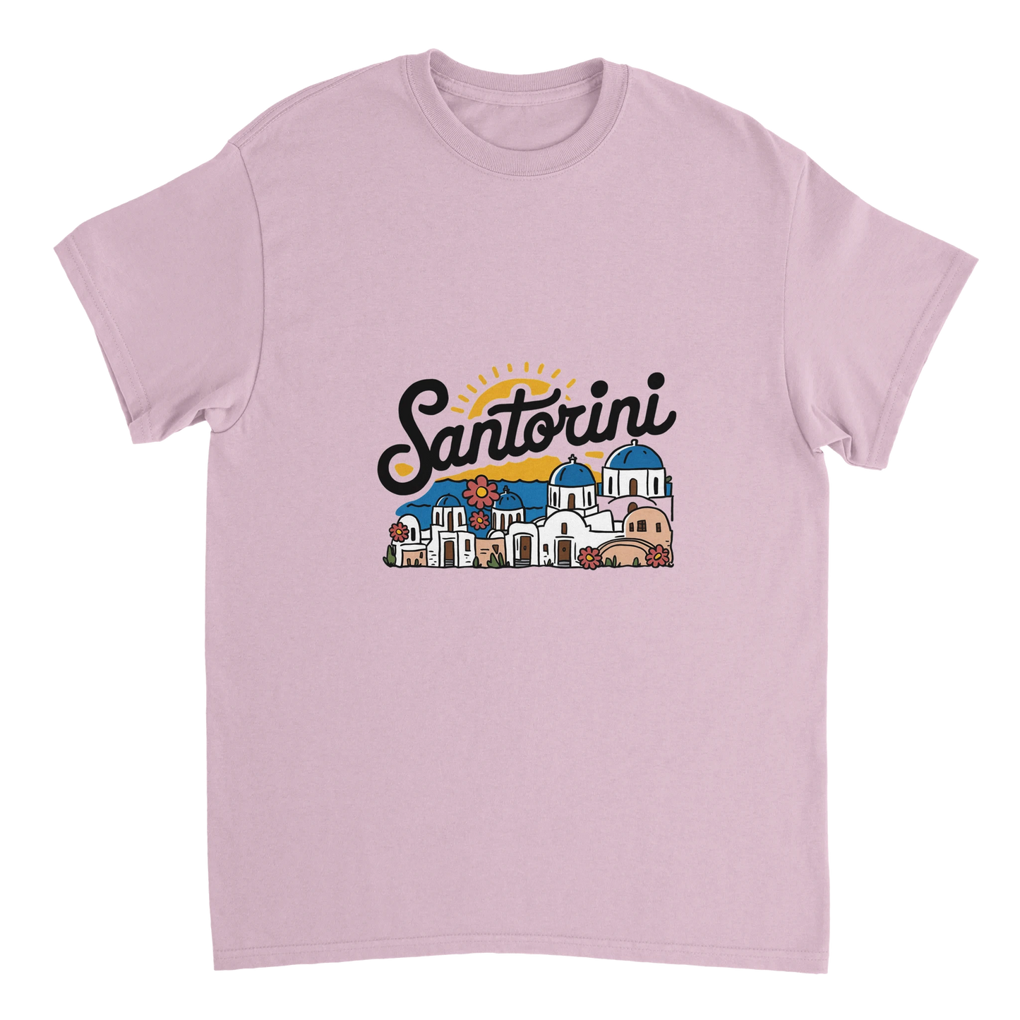 light pink Santorini Greece Unisex Travel T-Shirt perfect for travelers and gift seekers