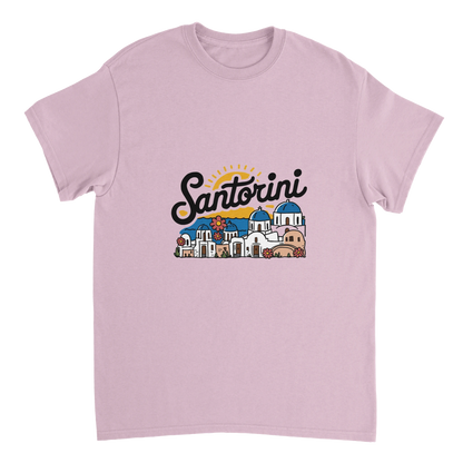 light pink Santorini Greece Unisex Travel T-Shirt perfect for travelers and gift seekers