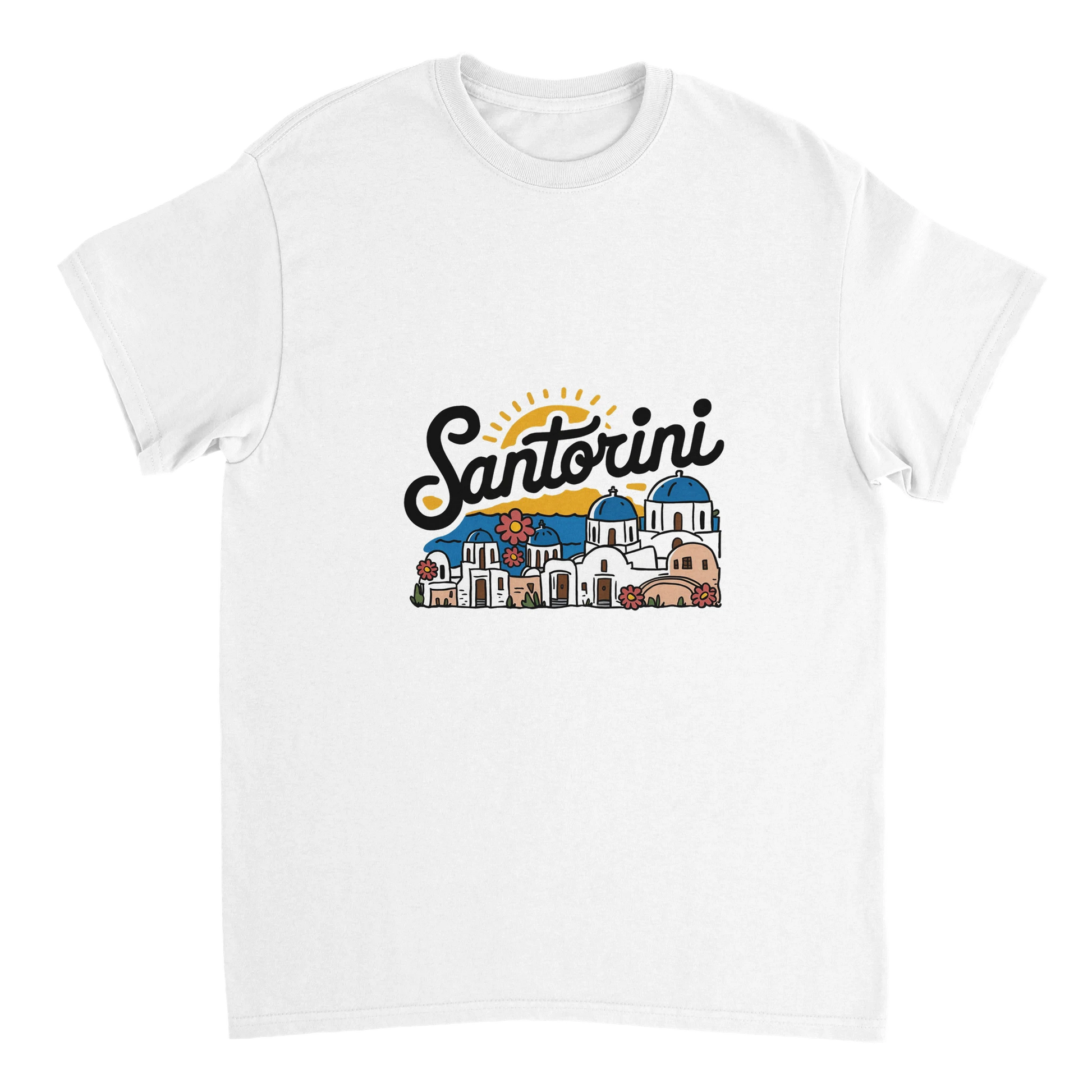 white Santorini Greece Unisex Travel T-Shirt perfect for travelers and gift seekers