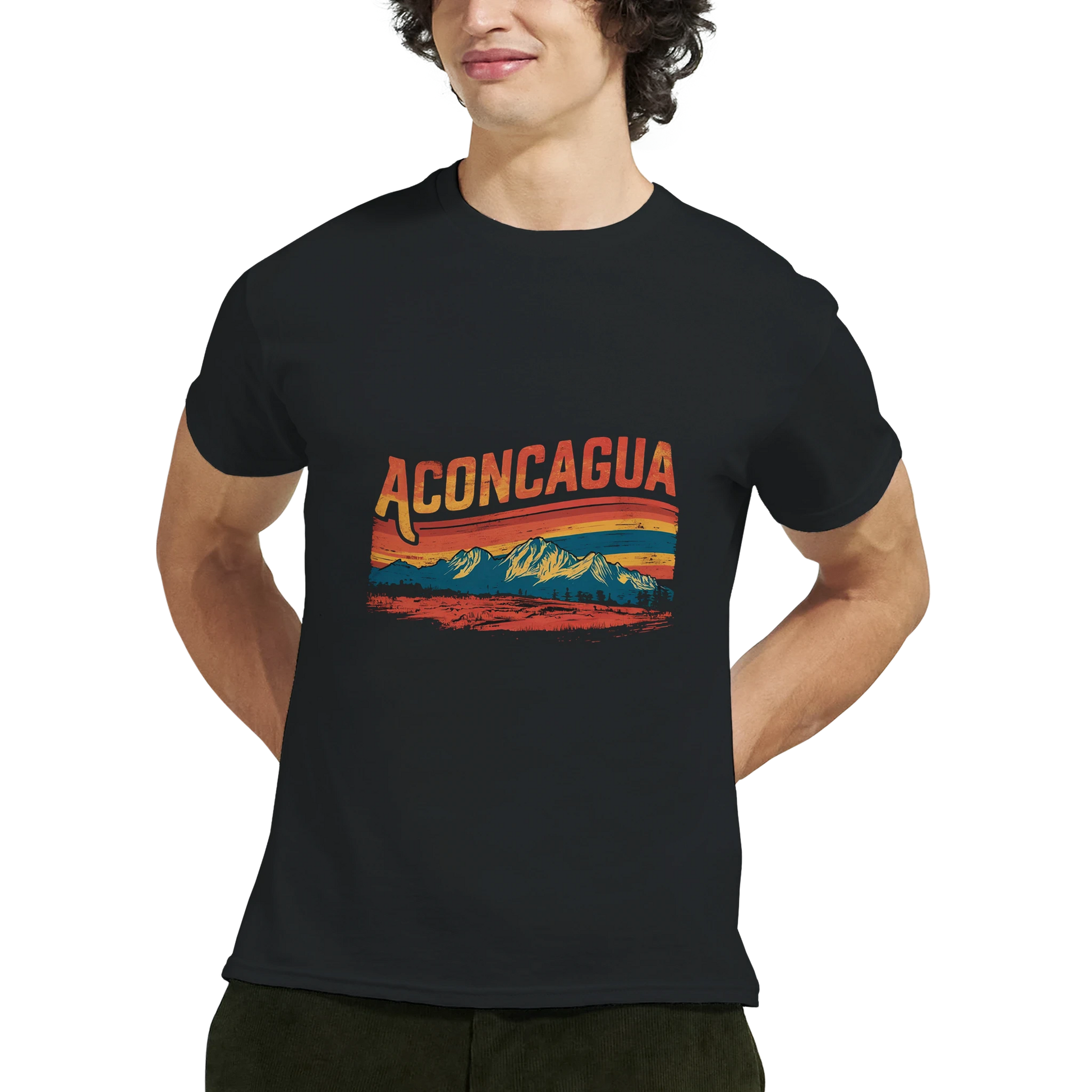 Aconcagua Argentina Unisex Travel T-Shirt featuring a man perfect for travelers and gift seekers