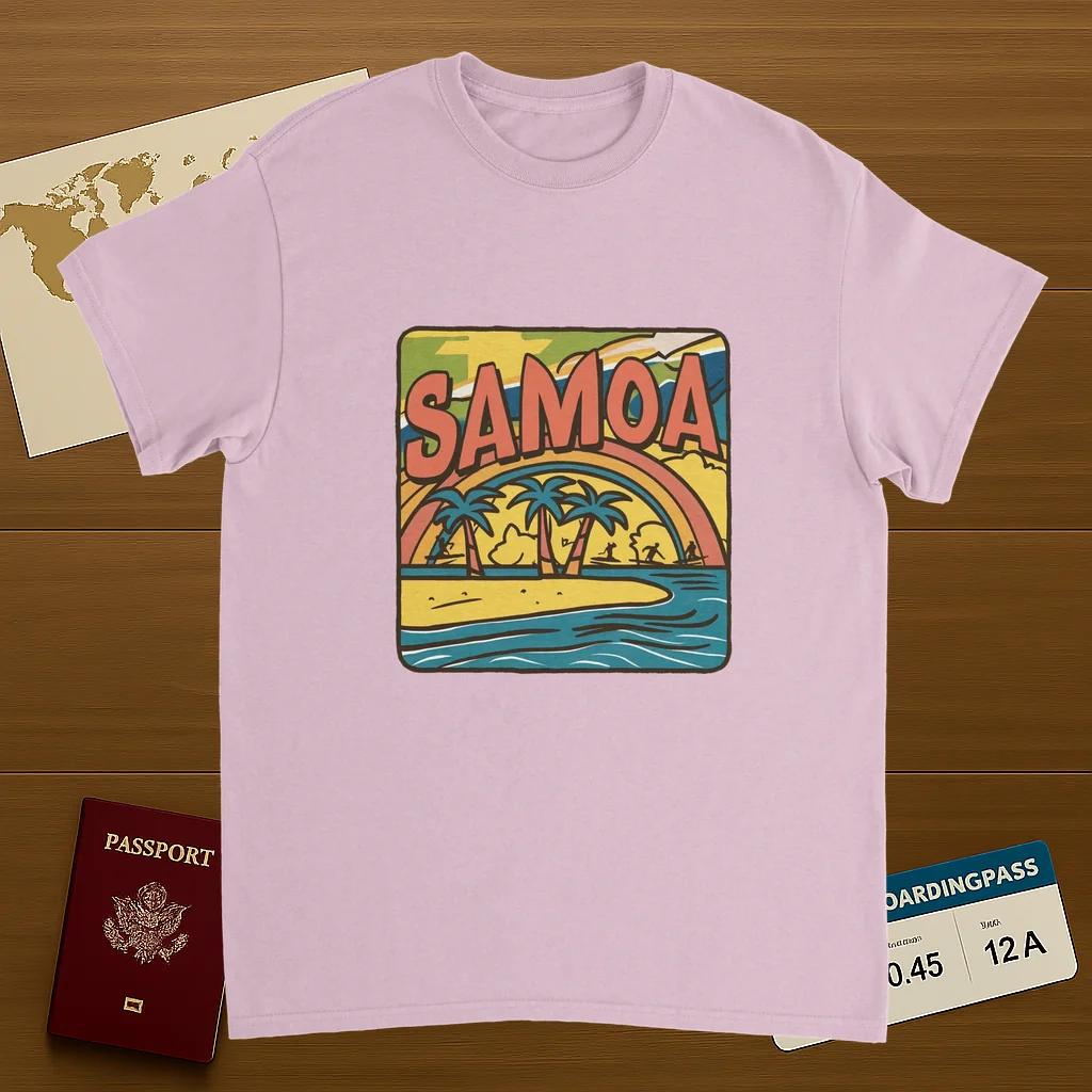 light pink Samoa Unisex Travel T-Shirt on wooden background with world map, passport, and boarding pass