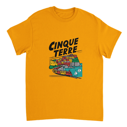 gold Cinque Terre Italy Unisex Travel T-Shirt perfect for travelers and gift seekers