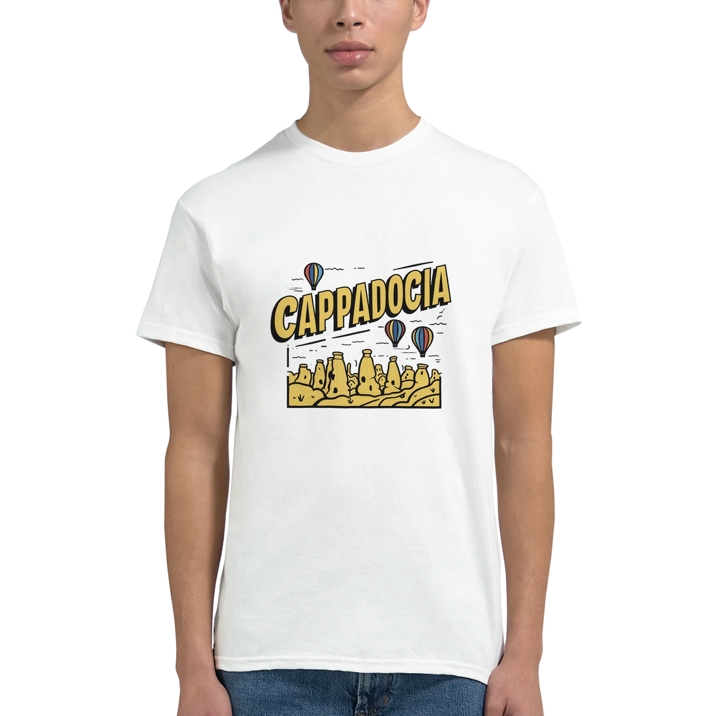 Cappadocia Turkey Unisex Travel T-Shirt featuring a man