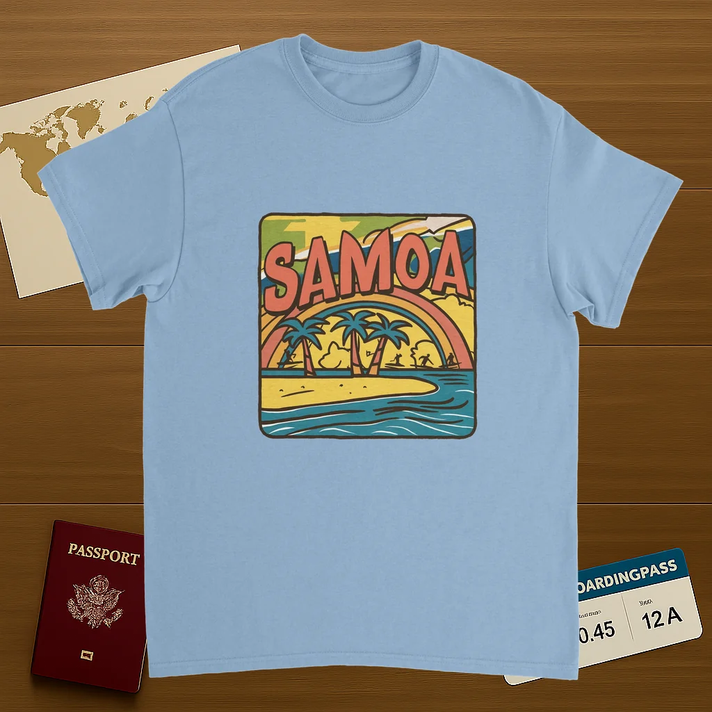light blue Samoa Unisex Travel T-Shirt on wooden background with world map, passport, and boarding pass