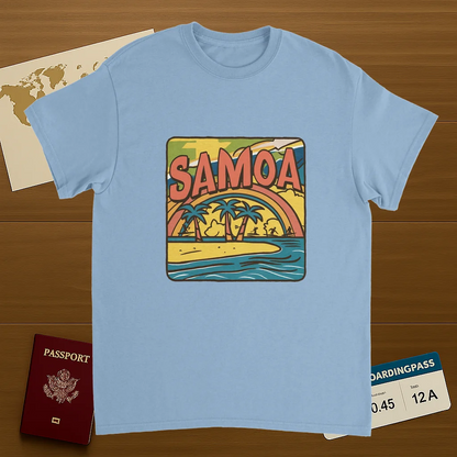 light blue Samoa Unisex Travel T-Shirt on wooden background with world map, passport, and boarding pass