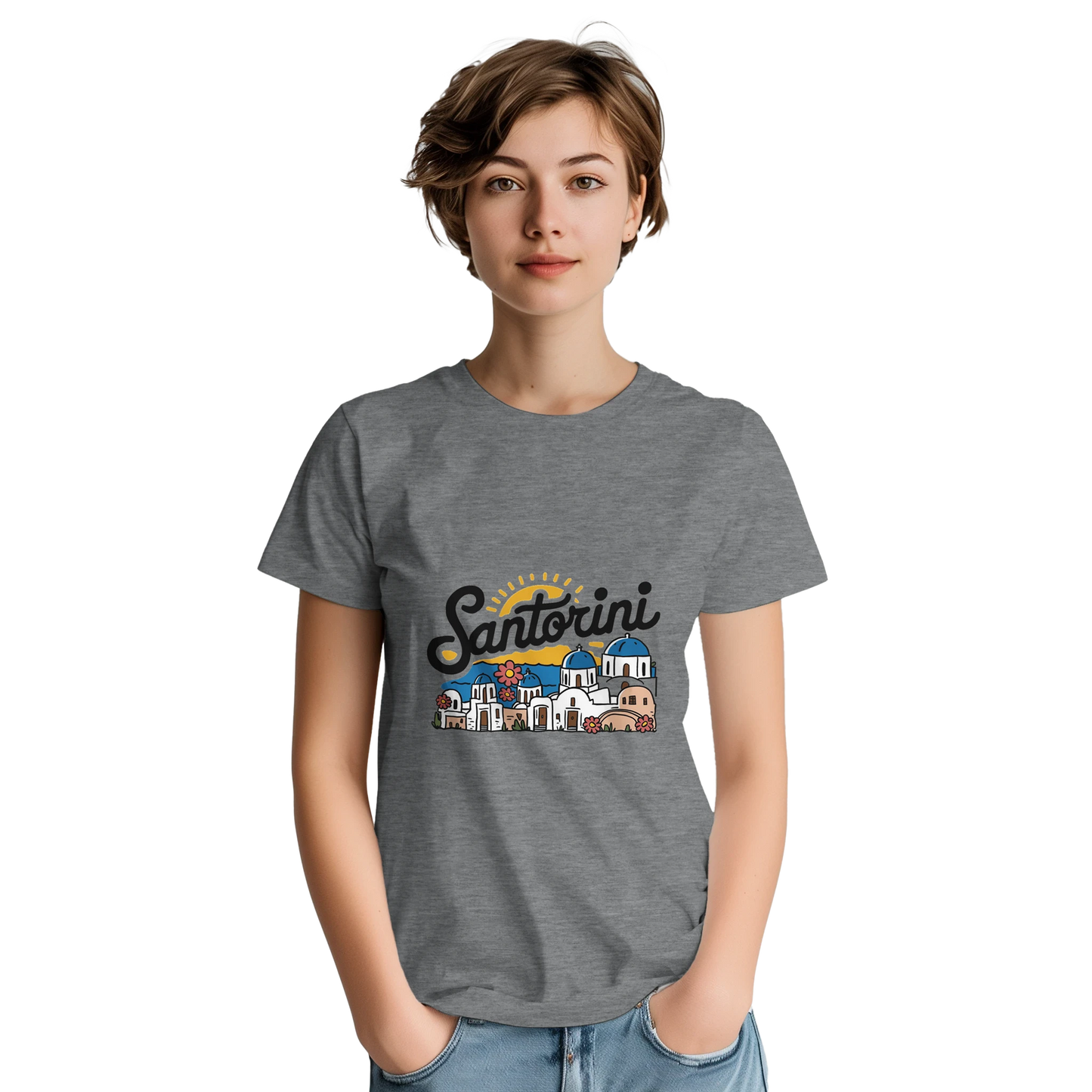 Santorini Greece Unisex Travel T-Shirt featuring a person perfect for travelers and gift seekers