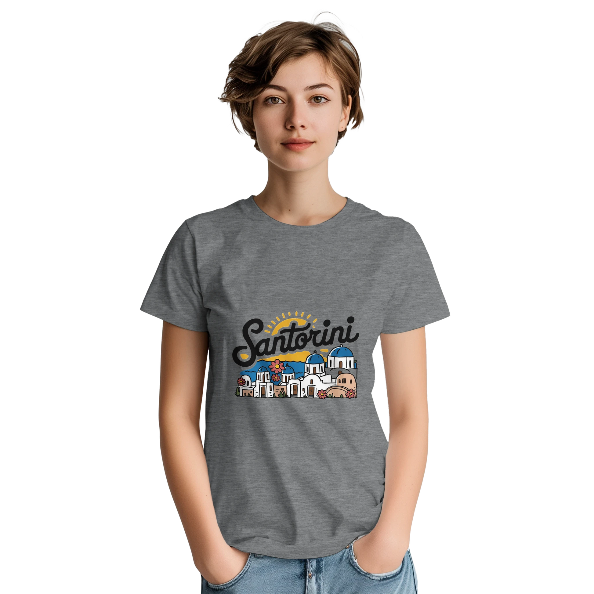Santorini Greece Unisex Travel T-Shirt featuring a person perfect for travelers and gift seekers