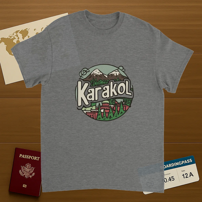 sport grey Karakol Kyrgyzstan Unisex Travel T-Shirt on wooden background with world map, passport, and boarding pass