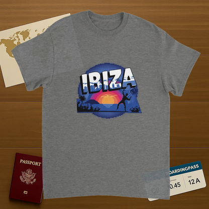 sport grey Ibiza Unisex Travel T-Shirt on wooden background with world map, passport, and boarding pass