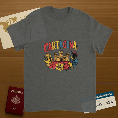 Cartagena Colombia Unisex Travel T-Shirt on wooden background with world map, passport, and boarding pass