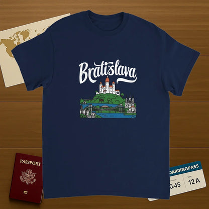 navy Bratislava Slovakia Unisex Travel T-Shirt on wooden background with world map, passport, and boarding pass