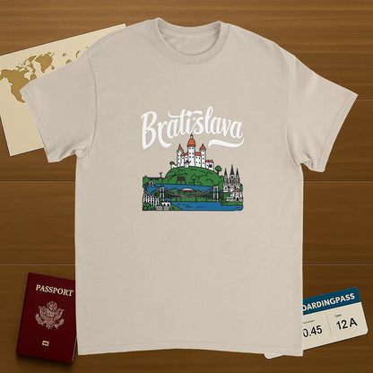 Bratislava Slovakia Unisex Travel T-Shirt on wooden background with world map, passport, and boarding pass