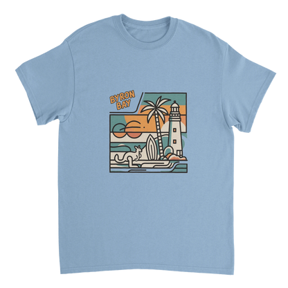 light blue Byron Bay Australia Unisex Travel T-Shirt perfect for travelers and gift seekers